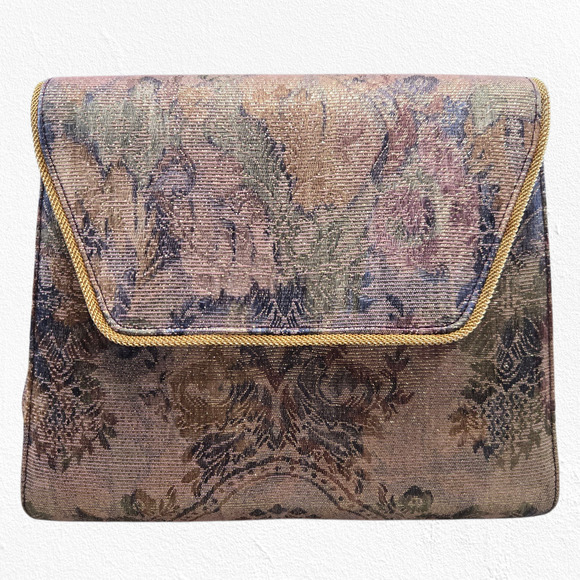 Vintage 80s Timothy Hitsman Metallic Floral Tapestry Structured Envelope Clutch - Picture 1 of 12